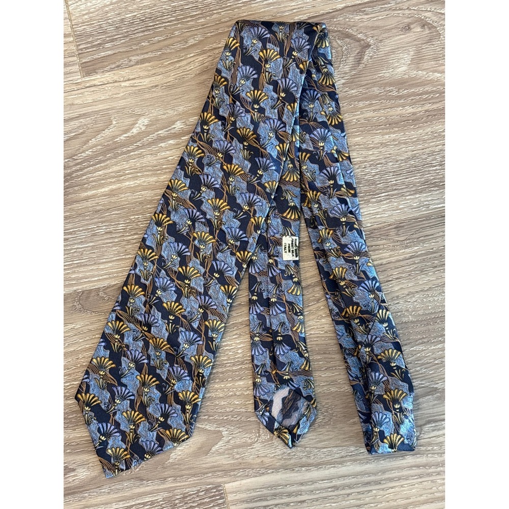 Robert Talbott Seven Fold Silk Tie Navy Blue Gold Floral Fan Hand Sewn Italy